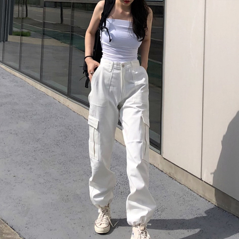 Fashion Pocket Black White Women's Jeans Streetwear High Waist Jeans Vintage Loose Harajuku 2020 Denim Pants Cargo Pants