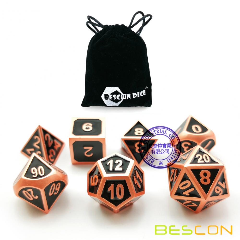 Bescon Deluxe Copper and Black Enamel Solid Metal Polyhedral Role Playing RPG Game Dice Set of 7 with Free Drawstring Pouch