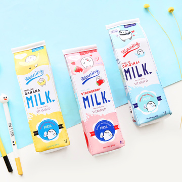 Fresh Milk Box Pencil Bag PU Leather Big Pen Case for Student Cute Panda Strawberry Banana Stationery Office School A6454