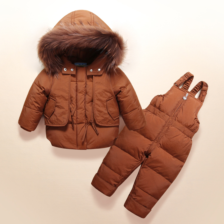 Children Clothing Kids Down Coat Jacket Baby Girl Boy Fur Hooded Parkas +bib Pants Jumpsuit Clothes Winter Snowsuits