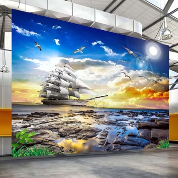Diantu Custom Photo Wall Paper 3D Sea View Seagull Sailboat Sunrise Landscape Painting Living Room Sofa Bedroom Mural wallpaper