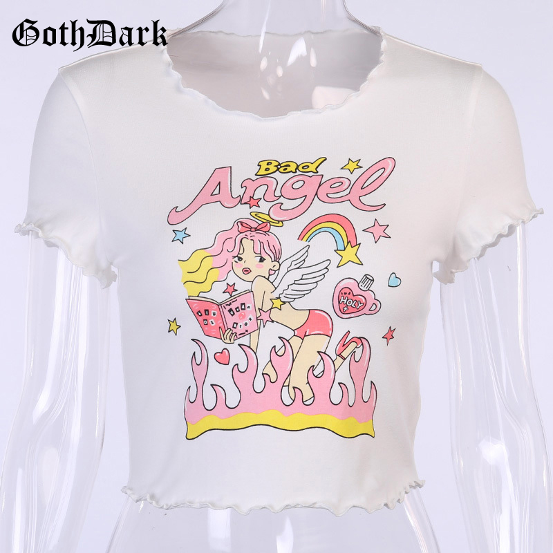 Goth Dark Harajuku Aesthetic Women's Summer Crop Tops Kawaii Angel Graphic Print White T-Shirts Casual Bodycon Female Clothing