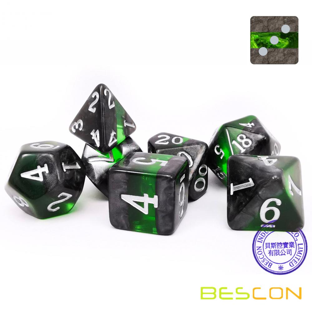 Bescon Mineral Rocks GEM VINES Polyhedral D&D Dice Set of 7, RPG Role Playing Game Dice 7pcs Set of EMERALD