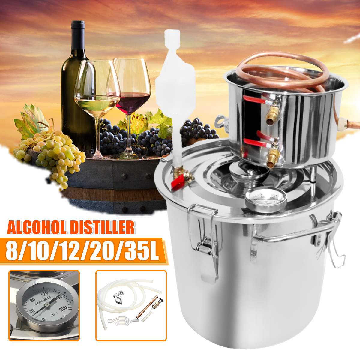 8/10/12/20/35L Durable Distiller Moonshine Alcohol Stainless Copper DIY Home Water Wine Essential Oil Brewing Kit
