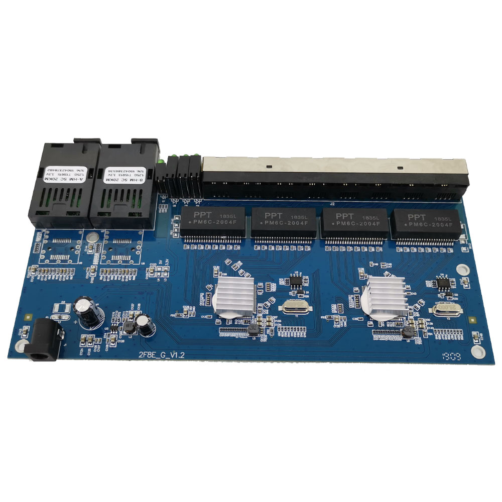 2G8E 8UTP RJ45 Gigabit Ethernet Switch 2*1.25G Fiber port SC connector 8*10/100/1000M PCBA Board Fibra optical Converter plate