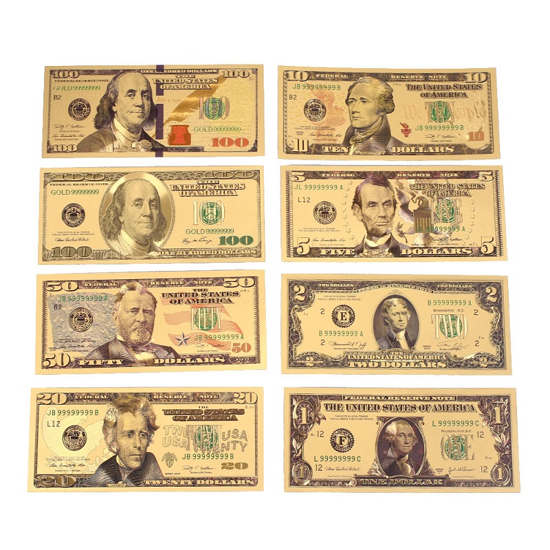 7PCS/8PCS 1/2/5/10/20/50/100 Dollar USA Banknotes Bills Bank Note in 24K Gold Plated Fake Currency Money For Gifts Home Decor