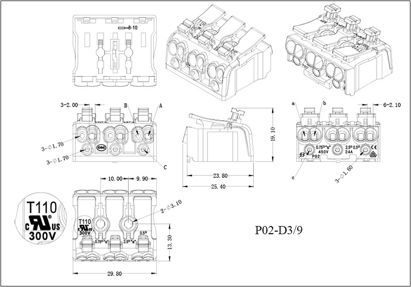 push wire connector 3 poles