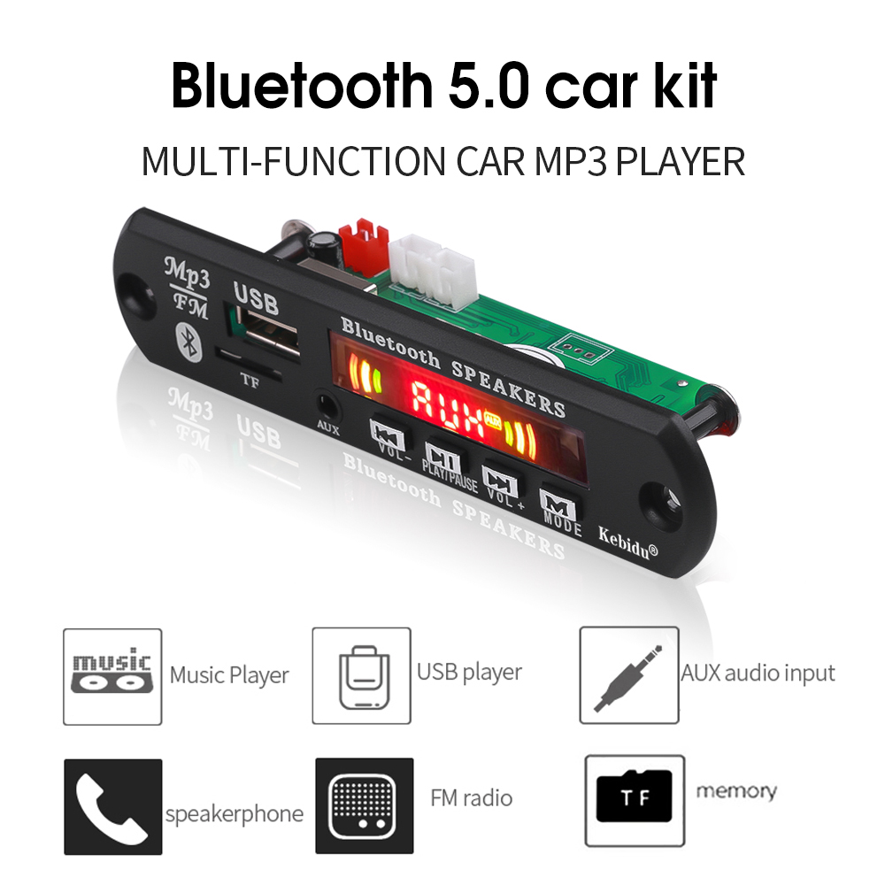 KEBIDU 5V Bluetooth MP3 Player Decoder Board Color Screen for Car Kit FM Radio TF USB 3.5mm AUX Audio Module Record Hands-free