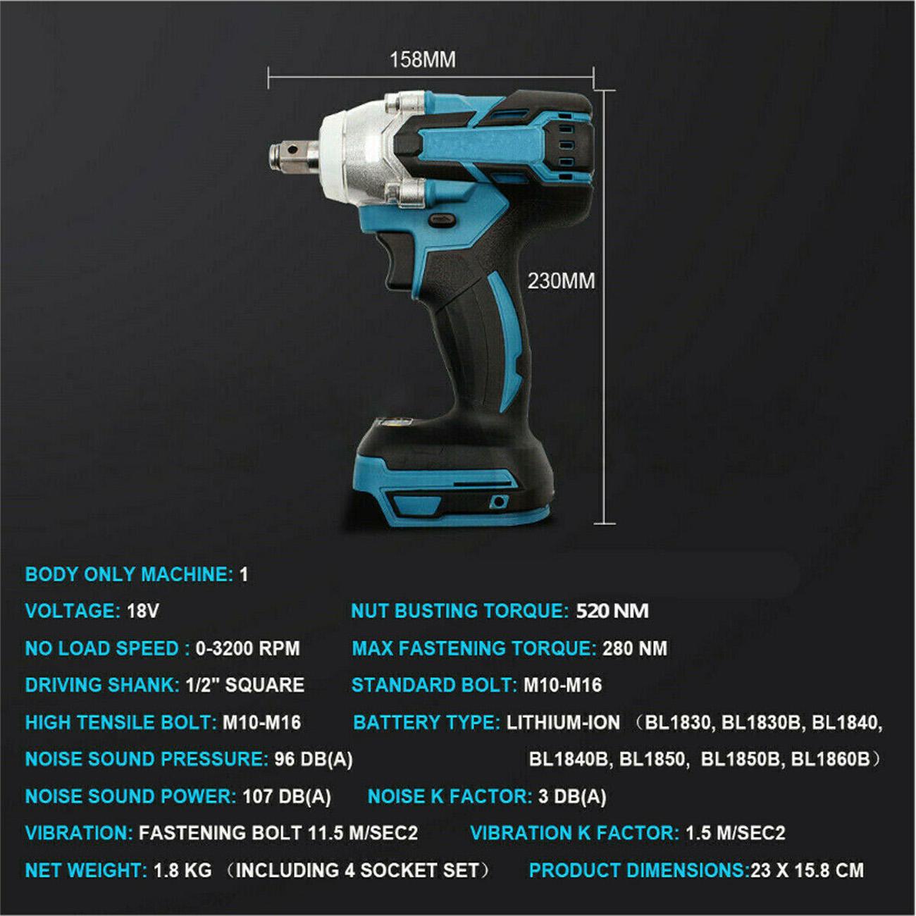 18V 520N.m Impact Wrench Electric Brushless Screwdriver Speed 1/2" Socket Wrench Power Tool Rechargable LED Light With Battery