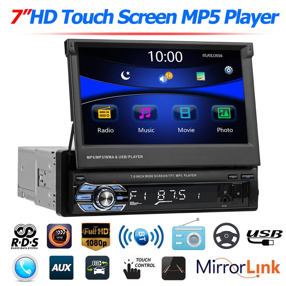 7'' Retractable Folding Touch Screen Car Stereo MP5 Player RDS AM FM Radio Bluetooth 4.0 Video Media Player SD/USB/TF/AUX Radio