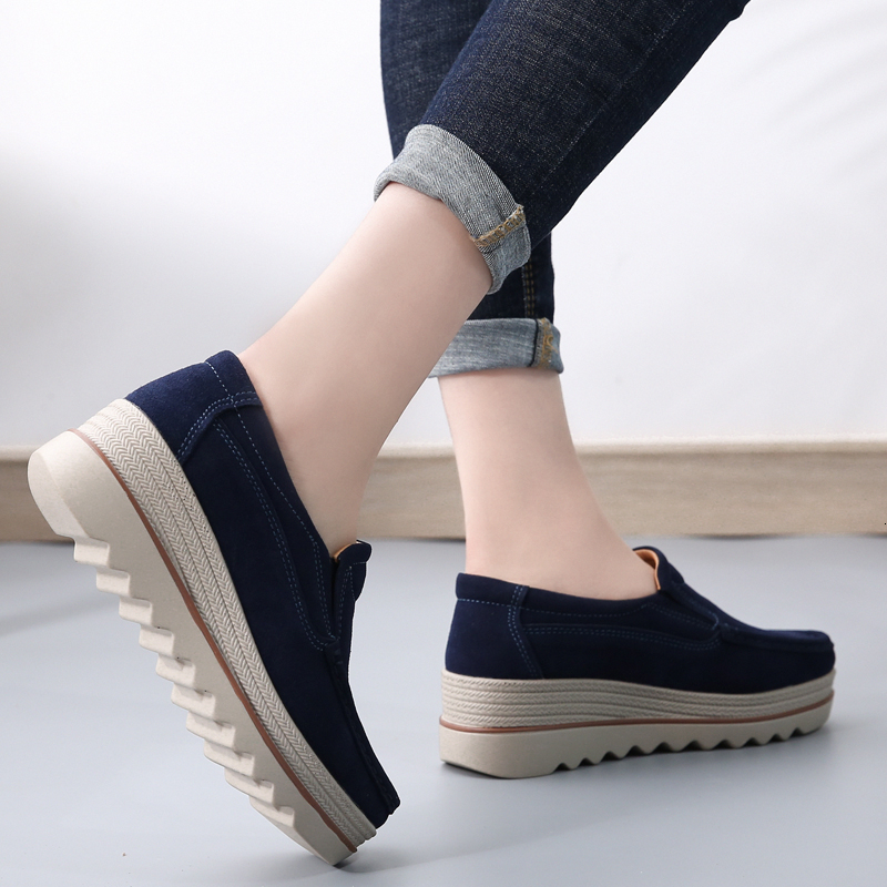 Platform Sneakers Women Genuine Cow Leather Flats Slip On Loafers Swing Shoes Shallow Ladies Casual Footwear Height Increasing