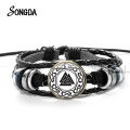 Viking Valknut Leather Bracelet Nordic Runes Vintage Slavic Norway Symbol High Quality Glass Round Gems Wristband Bangle