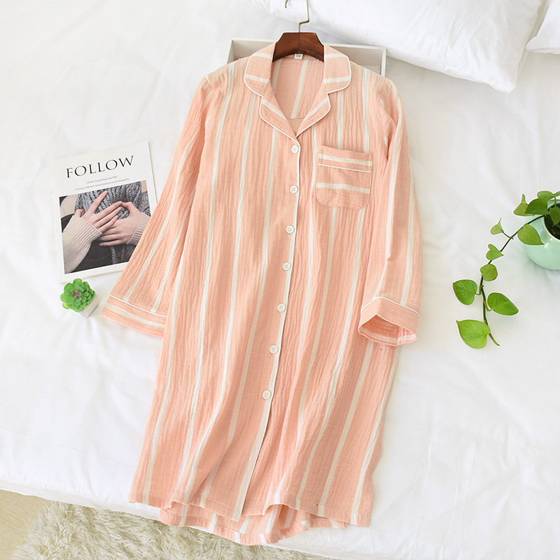 New Japanese simple striped nightgowns women 100% cotton nightdress casual Long sleeve indoor sleep dress women sleepwear