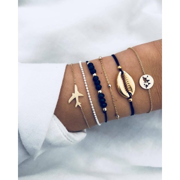 4 piece strands women's layered beaded bracelets set multiple stackable wrapped love shell combination Bracelet Adjustable