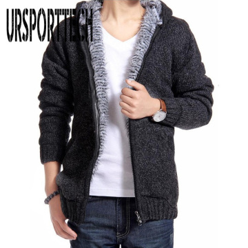 New Brand Cardigan Men Sweater Fashion Solid Thick Warm Sweaters Male Casual Hooded Winter Wear Fur Lining Christmas Sweater