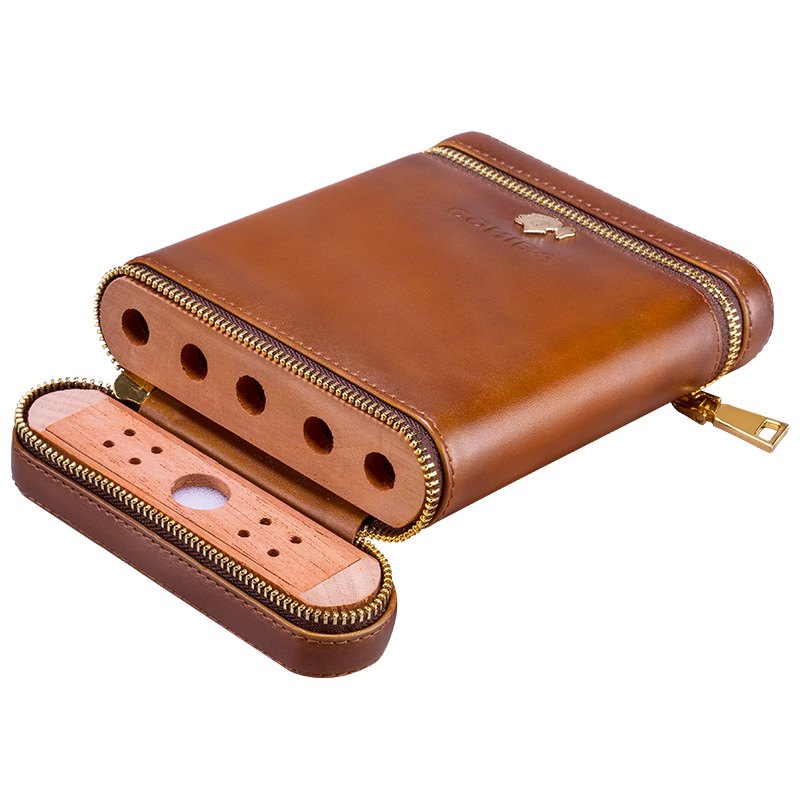COHIBA Luxury Travel Cigar Case Holder Portable Cedar Wood leather humidor Humidifier Moisturizing free ship CF-0135