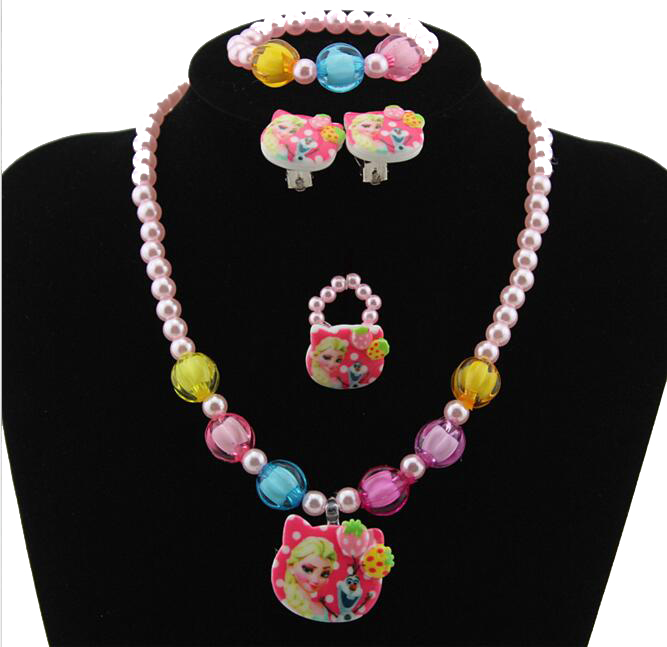 1set=4pcs Imitation Pearl classic Cartoon princess fairy Necklace/Bracelet/Ring/Earrings Children Kids Jewelry Set Xmas Gift