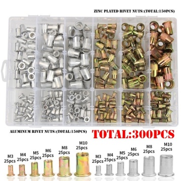 300pcs M3 M4 M5 M6 M8 M10 Head Rivet Nuts Set Nuts Insert Reveting Multi Size Rivet Nuts