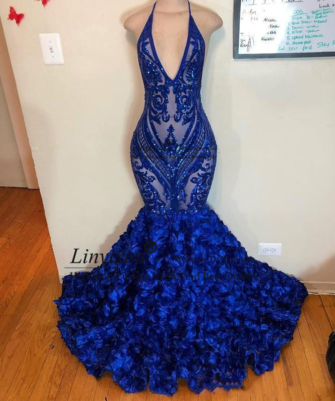 2020 Royal Blue Mermaid Prom Dresses See Through Sparkly Sequins Deep V Neck Halter 3d flower African Cheap Formal Evening Gowns