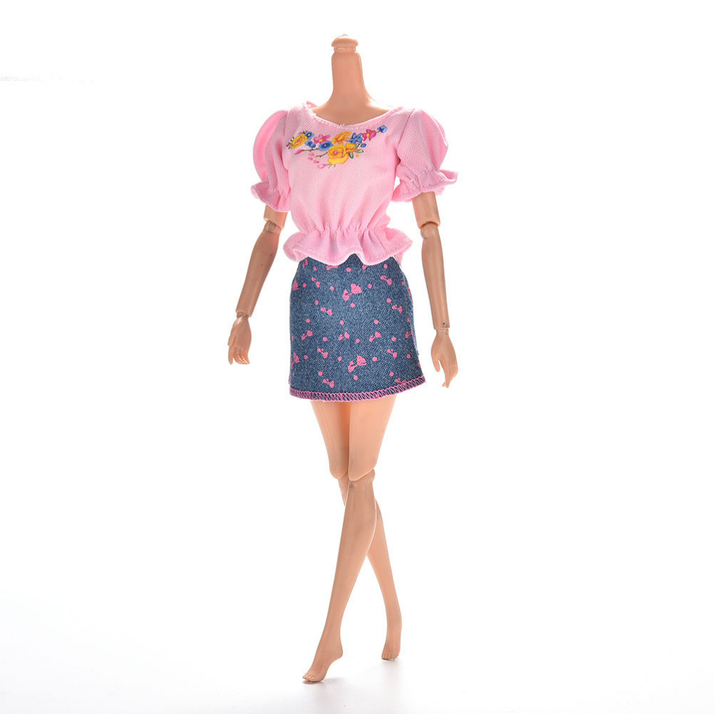 1pc Pink Clothes Sets Summer Short Sleeve Flower Print Doll Dress elegant Skirt For Barbie Doll