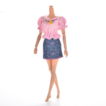 1pc Pink Clothes Sets Summer Short Sleeve Flower Print Doll Dress elegant Skirt For Barbie Doll