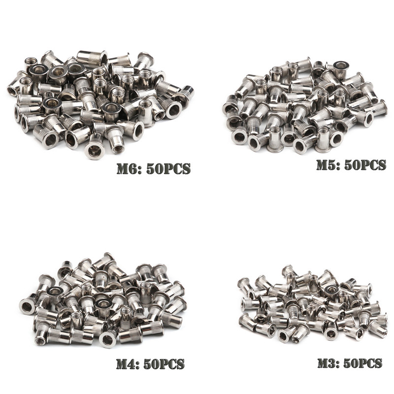 200/50 PCS Stainless Steel/Carbon Steel Flat Head Rivet Nuts Set M3 M4 M5 M6 DIY Hardware Insert Reveting Multi Size Rivet Nuts