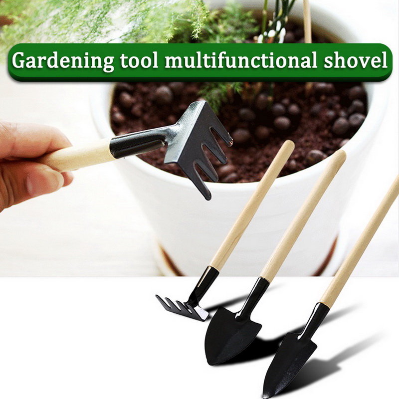 3pcs/Set Mini Gardening Tools Wood Handle Stainless Steel Potted Plants Shovel Rake Spade for Flowers Potted Plant Metal Head