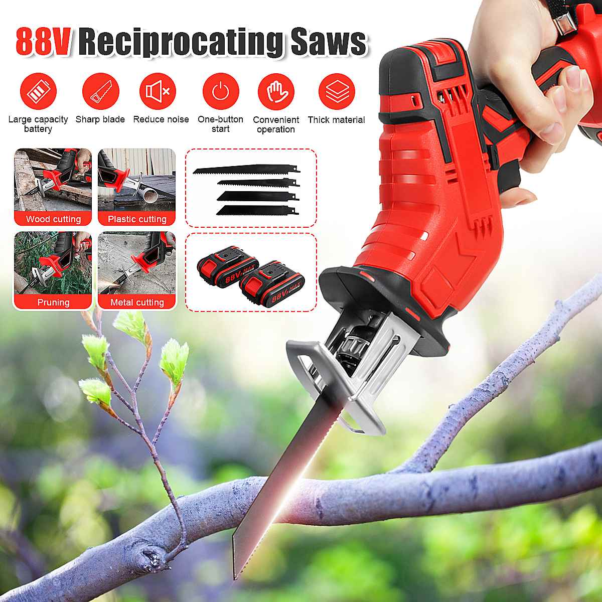 Drillpro 88V Cordless Reciprocating Saw +4 Saw blades Metal Cutting Wood Tool Portable Woodworking Cutters With 1/2 Battery