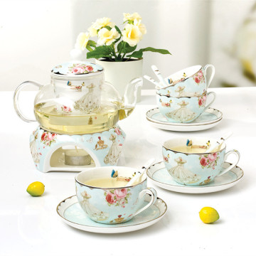 Romantic Household Flower Tea Teaware Coffee Set Heatable Base Tea Stove Glass Teapot Ceramic Coffee Cup Saucer Spoon Set