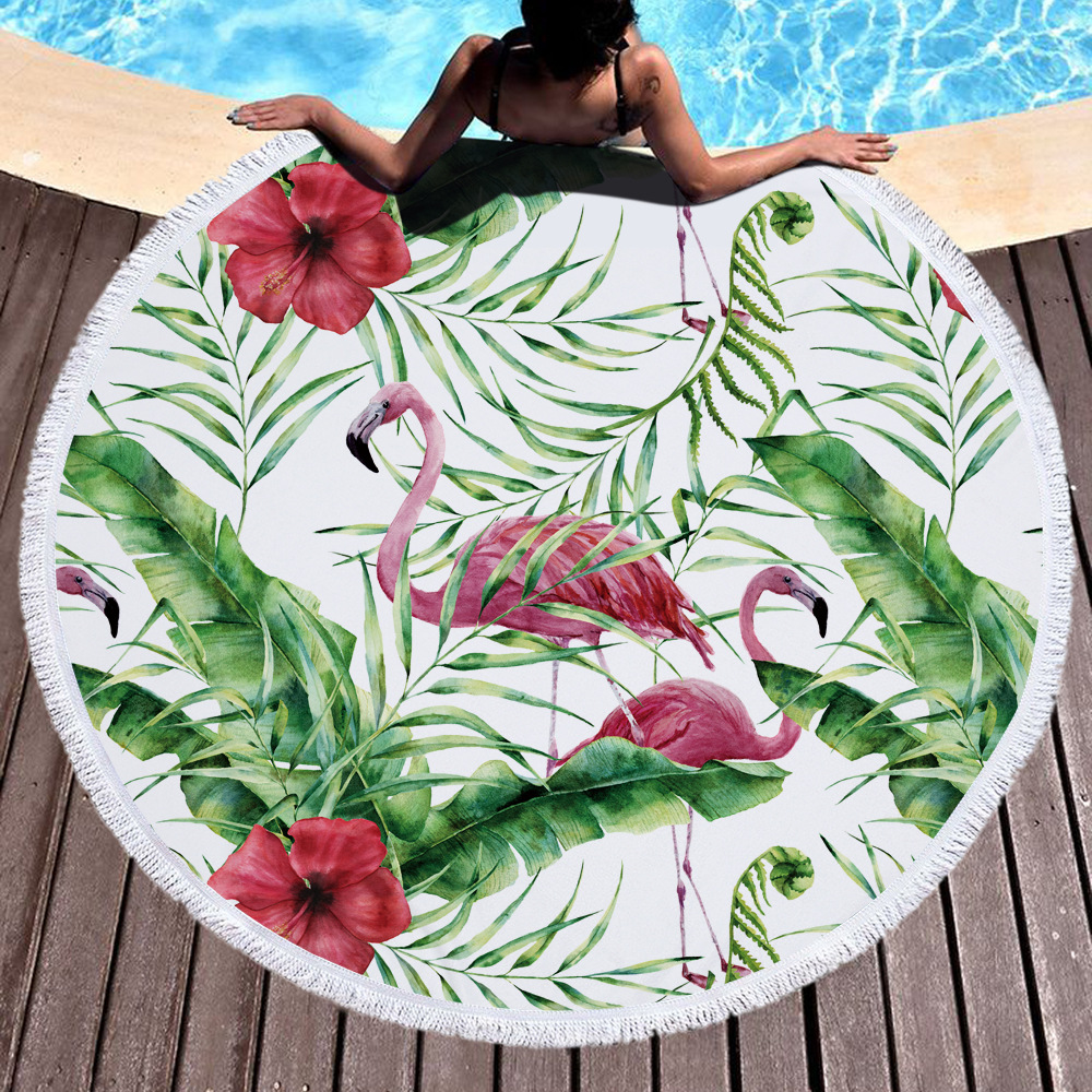 INS Hot Tropical Leaves Flamingo Printed 150cm Tassel Beach Blanket Picnic Camping Mat Round Sandbeach Towel Pad Shawl Mattress