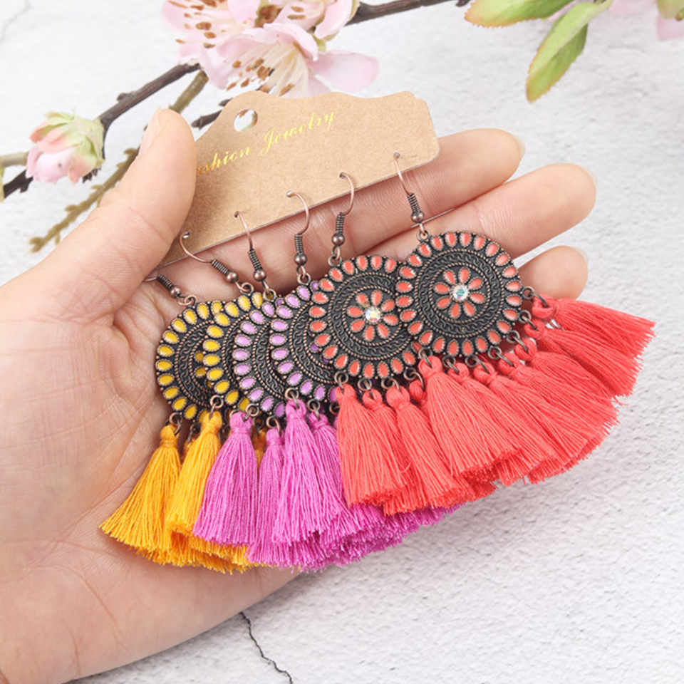 Bohemia Big Tassel Earring Sets Vintage Ethnic Bright Colors Long Fringe Earrings Set for Women Girl Statement Jewelry Gifts