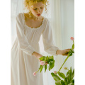 Cotton Nightgown Lovely Sweet Spring Autumn Sleepwear Ma'am Long Nightdress Simple Design White Long Dress Long sleeve