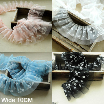 10CM Wide Beautiful Double Layers Small Plum Flower Printed Mesh Tulle Pleated 3d Lace DIY Doll Dress Skirt Fringe Trim Ribbon