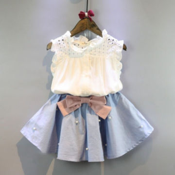 Kid Baby Girl Clothes Ruffle Neck Shirt Blouse Tops+Bowknot Tutu Skirt Outfits Clothes Set 2PCS