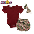 Newborn Baby Girl Clothes Set Summer Solid Color Short Sleeve Romper Flower Shorts Headband 3Pcs Outfit New Born Infant Clothing