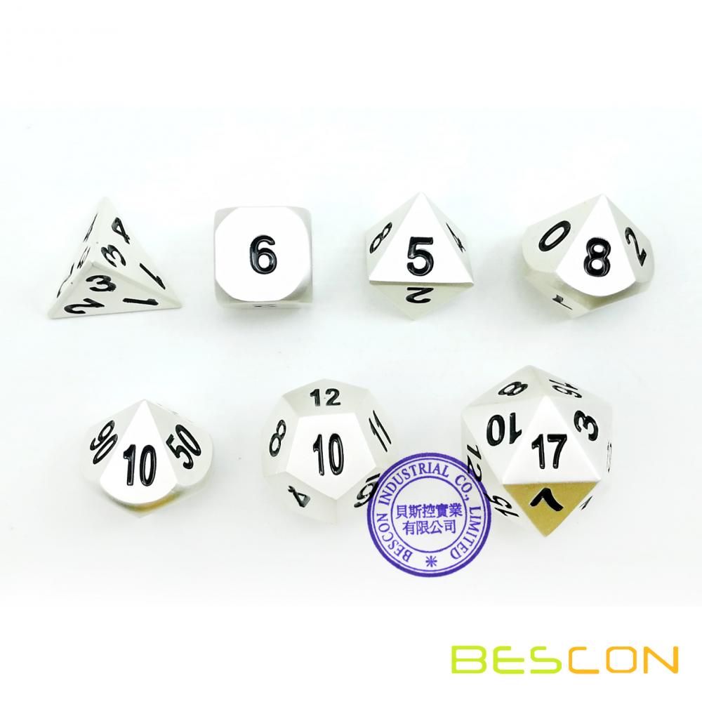 Bescon RPG Metal Dice Set of 7 Matt Pearl Silver Effect Solid Metal Polyhedral RPG Role Playing Game Dice 7pcs Set