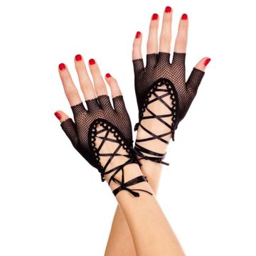Womens Womens Wrist Length Punk Sexy Half Finger Gloves Solid Color Hollow Out Fishnet Criss Cross Lace Up Bandage Mittens Party