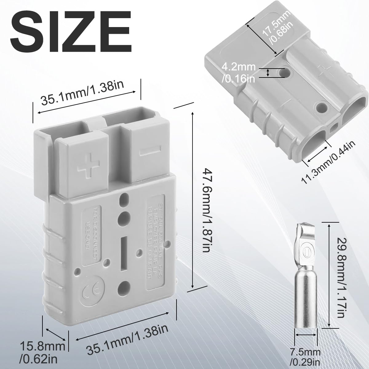 AD50H-BL 50A 2-pole battery connector  grey 50A genderless battery connector  silver-plated copper battery connector contacts  polycarbonate housing 50A battery connector  50A battery connector with 8 AWG cable  AD50H-BL 50A battery connector dimensions  how to crimp a 50A battery connector
