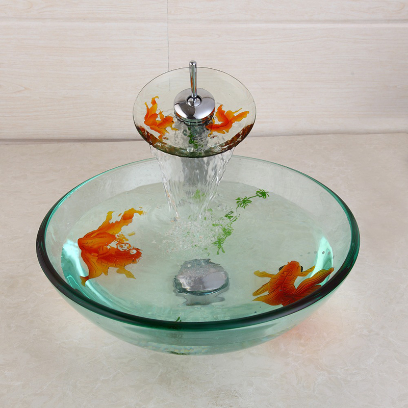 KEMAIDI Modern Bathroom Glass Golden Fish Painted Vessel Sink Faucet & Pop up Drain Combo Sink Set Bathroom Sink Accessaries