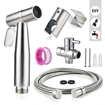 Two function toilet hand bidet faucet bathroom bidet shower sprayer brass T adapter 1.2m hose tank hooked holder easy install