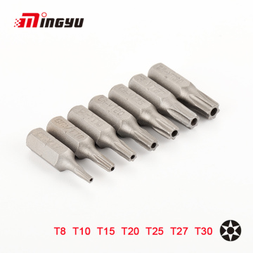 7pcs 25mm Torx Screwdriver Bits With Hole T8 T10 T15 T20 T25 T27 T30 1/4 Inch Hex Shank Electric Screw Driver Star Bit Set