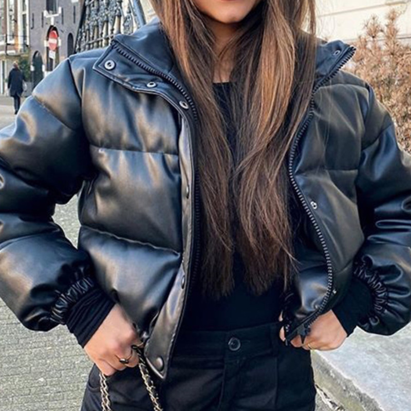 Winter Parka Coat Women's Jacket Thick Warm Women Fashion Black PU Leather Coats Women Elegant Zipper Faux Leather Jackets Tops