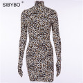 SIBYBO Leopard Print Turtleneck Casual Dress Women Fashion Long Sleeve Cotton Mini Bodycon Dress Skinny Sexy Party Dress