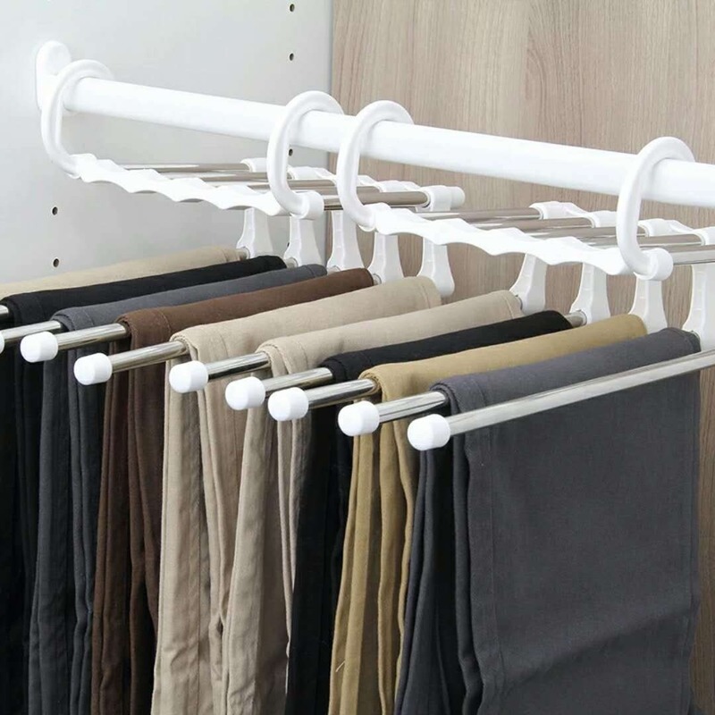 Multi-functional 5 in 1 Trouser Storage Rack Adjustable Pants Tie Storage Shelf Closet Organizer Stainless Steel Clothes Hanger