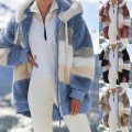 2021 Oversized Winter Women Jacket Fashion Plush Patchwork Zipper Pocket Hooded Jacket Retro Loose Long Sleeve Women's Coat