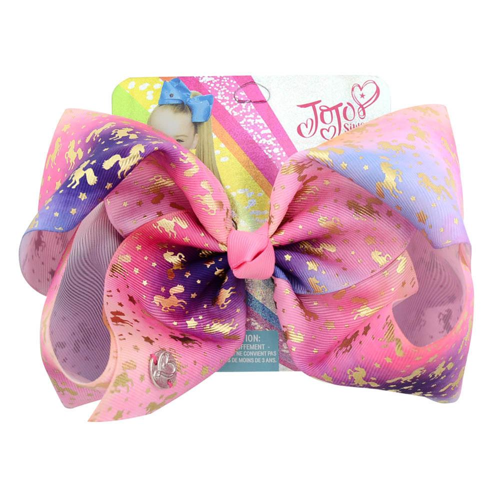 1piece 8" JoJo Clip Large Rainbow Unicorn Bow-knot Print Grosgrain Ribbon Hair Bows With Clip Kids Handmade Hair Accessory