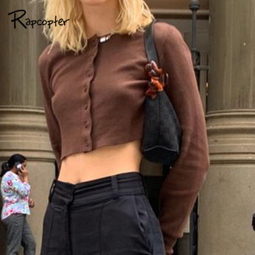Rapcopter Brown Knitwear Y2K Long Sleeve Crop Top Harajuku T Shirt Button Up Cardigans Knitted Cute Tshirt Women Autumn Tops