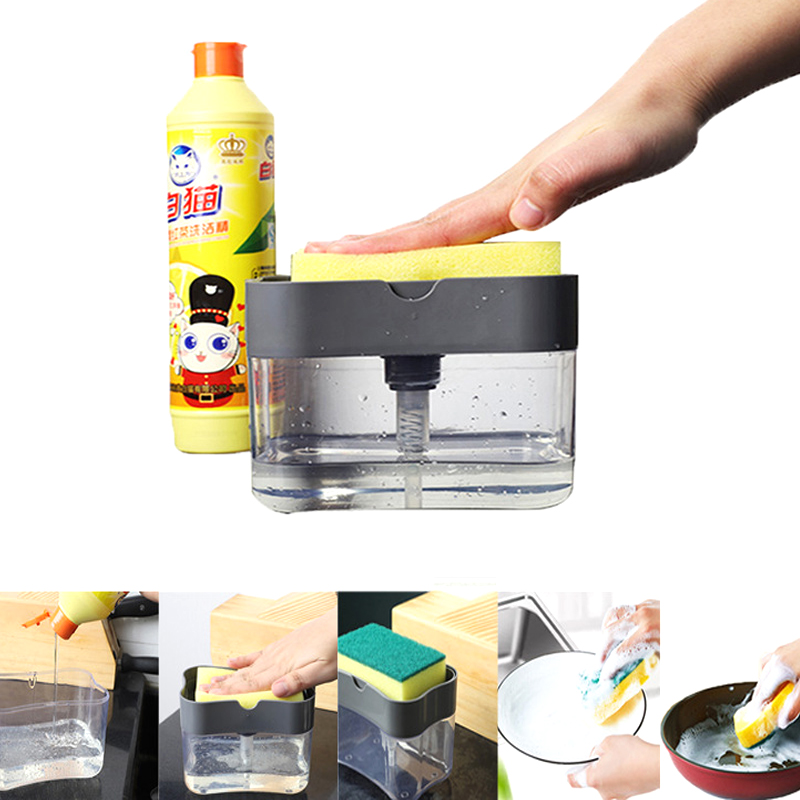 Soap Dispenser Soap Pump Sponge Caddy New Creative Kitchen 2-in-1 Manual Press Liquid Soap Dispenser with Sponge Holder Cleaning