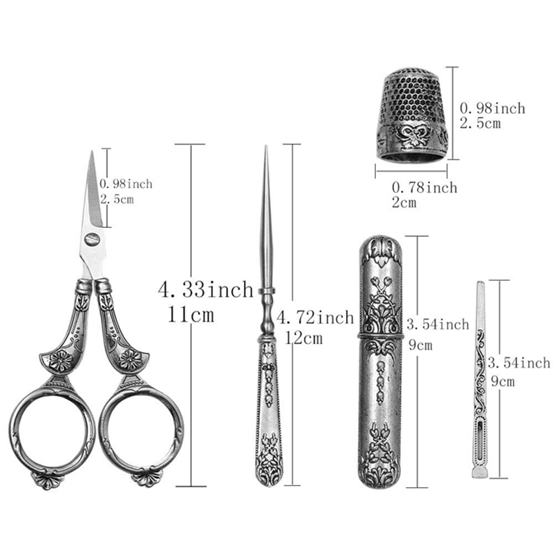 1 Set Retro Vintage Scissors Awl Threader Thimble Iron Box Cross Stitch Scissors Sewing Scissors Embroidery Scissors Thread Tool