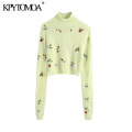 KPYTOMOA Women 2020 Fashion Floral Embroidery Cropped Knitted Sweater Vintage High Neck Long Sleeve Female Pullovers Chic Tops